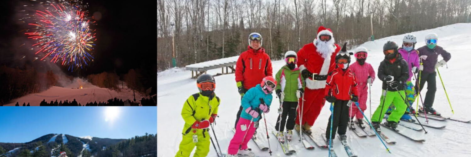 Fireworks and skiing Santas