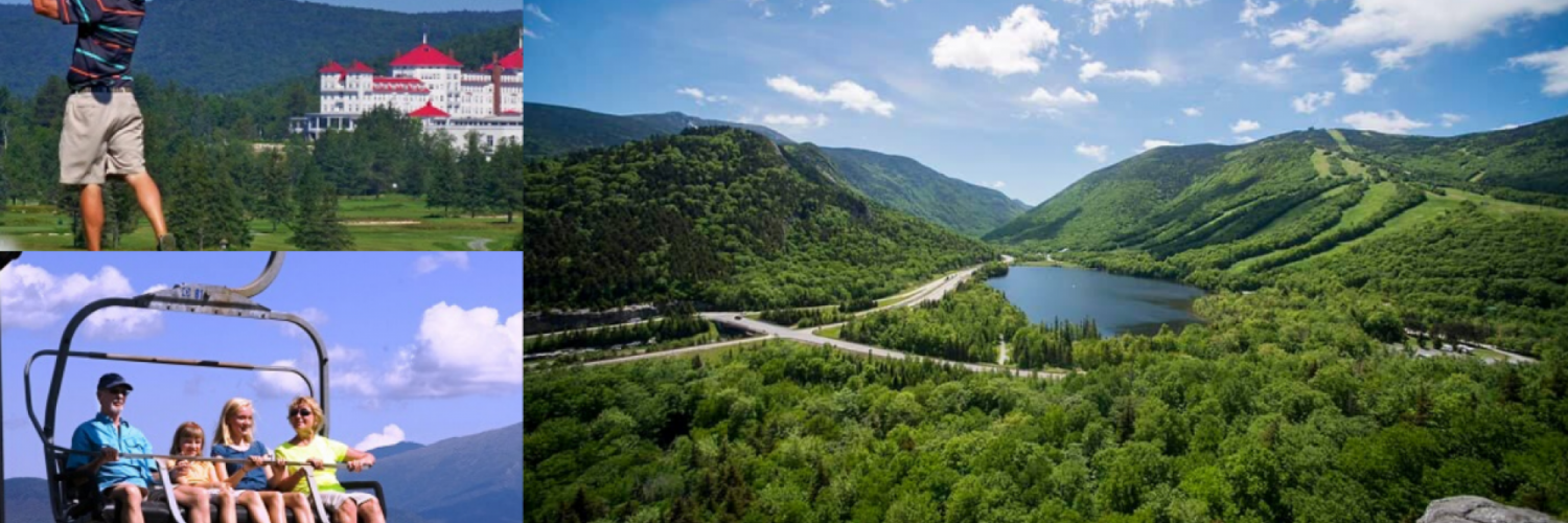 Golf Omni Resort, Quad chairlift with family, Aerial view of Cannon mountain and Echo Lake