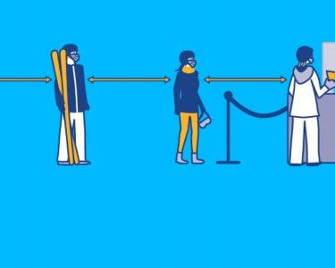 Six feet apart graphic blue background