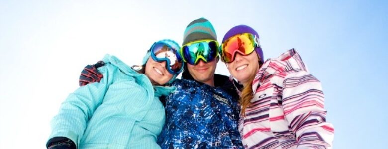 Friends wearing goggles and winter coats