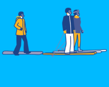 Skiers and Snowboarder in line, blue background