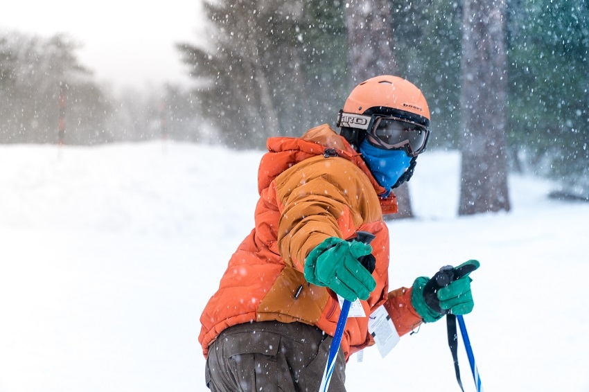 Skiing Cranmore orange jacket