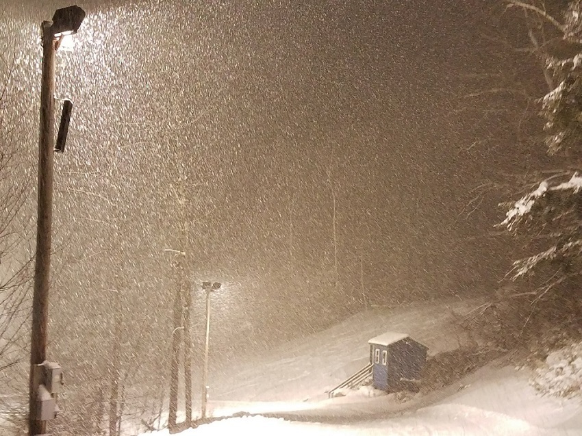 Snowing under the lights at Granite Gorge