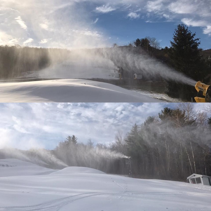 Two images of snow making