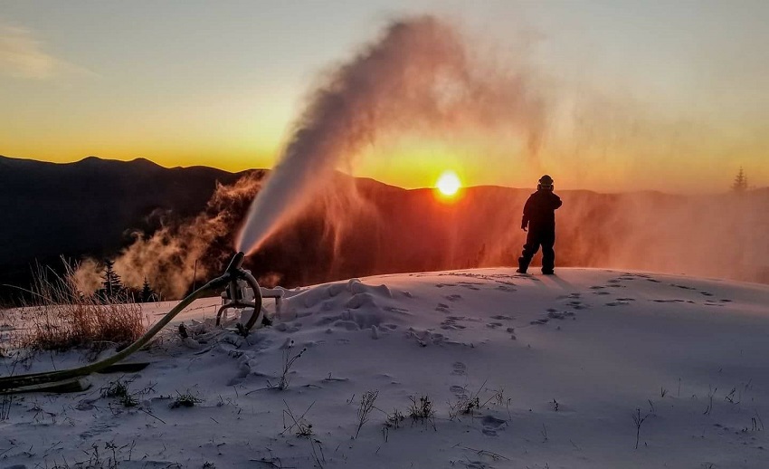 Snow gun at sunrise