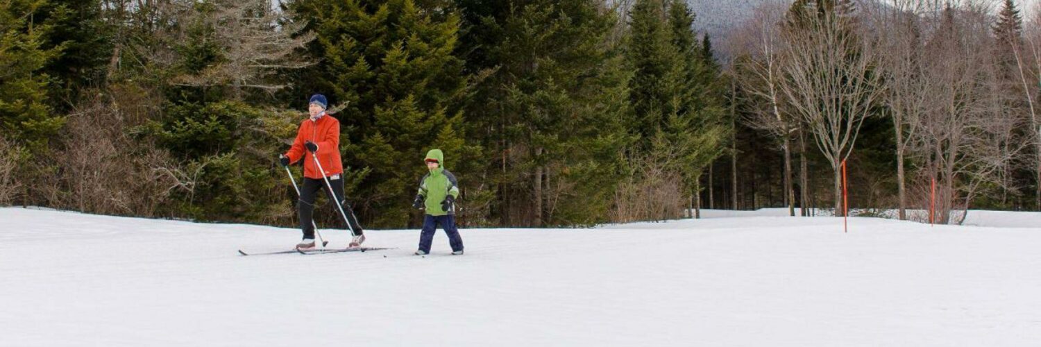 Cross country skiing adult in red jacket and child in green jacket
