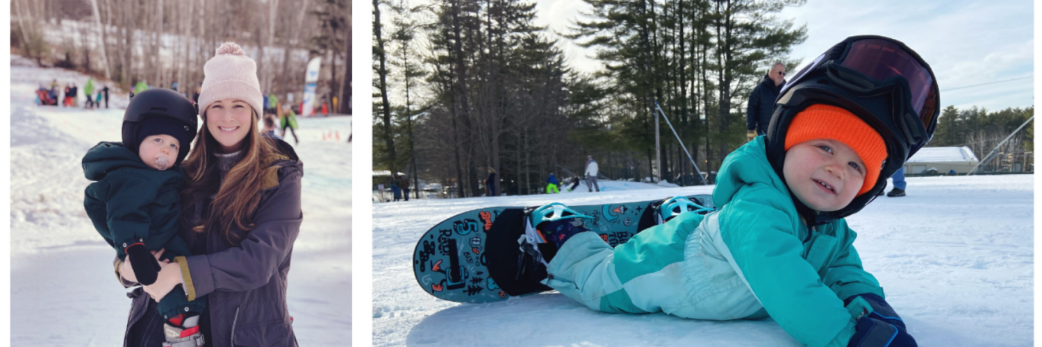 Mom holding child with skis toddler with snowboard