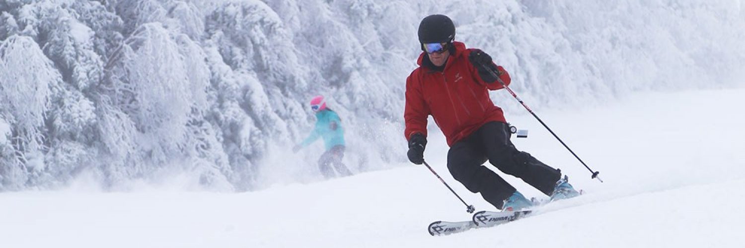 Skier red jacket black pants snow covered pines in background