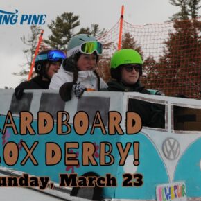 Speed? Durability? Style? The choice is yours at KP's annual Cardboard Box Derby...this Sunday, March 24th! Registration begins at 11:00am (base lodge), inspection & style judging at 12:00pm and then runs starting at 1:00pm. Prizes for each category!  #KingPine #DerbyDay 🏔️🏁🚙🥇