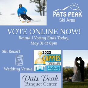VOTE PATS PEAK for the CAPPIES! 🗳️ We are under two categories: Ski Resort + Wedding Venue! Today is the last day to vote for us for Round 1 of  the 2023 Cappies - voting ends at 6PM, click the link to vote: concordmonitor.com/Special-Sections/Cappies. Thank you for taking the time to vote!
#votepatspeak | #patspeakskiarea⛷️ | #weddingwednesday💍